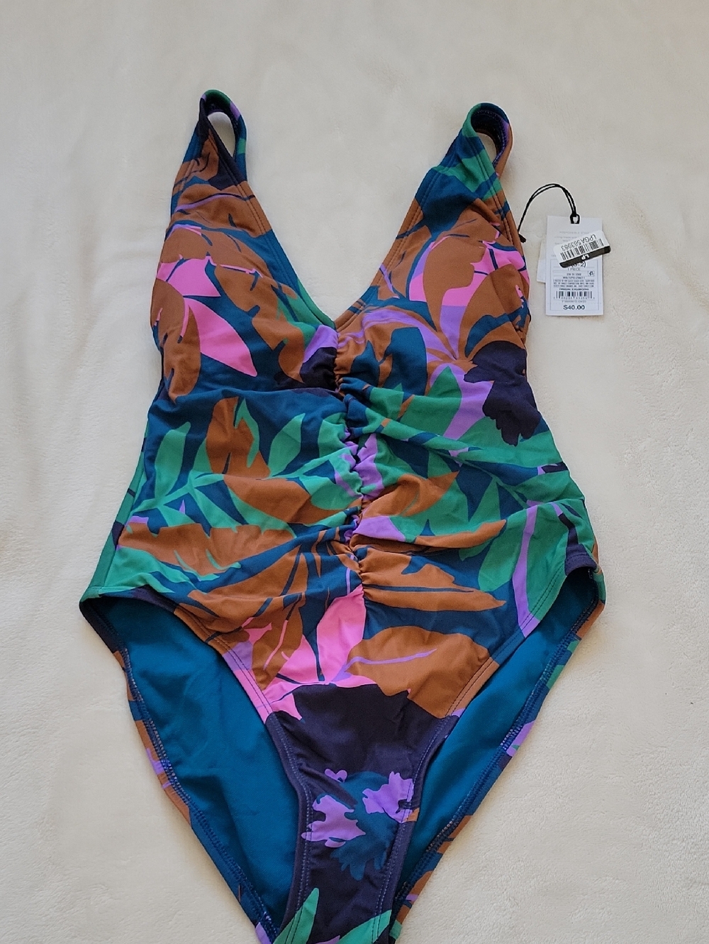 Shade & Shore V-Neck Tropical One-Piece Swimsuit in Blue/Green/Pink/Brown